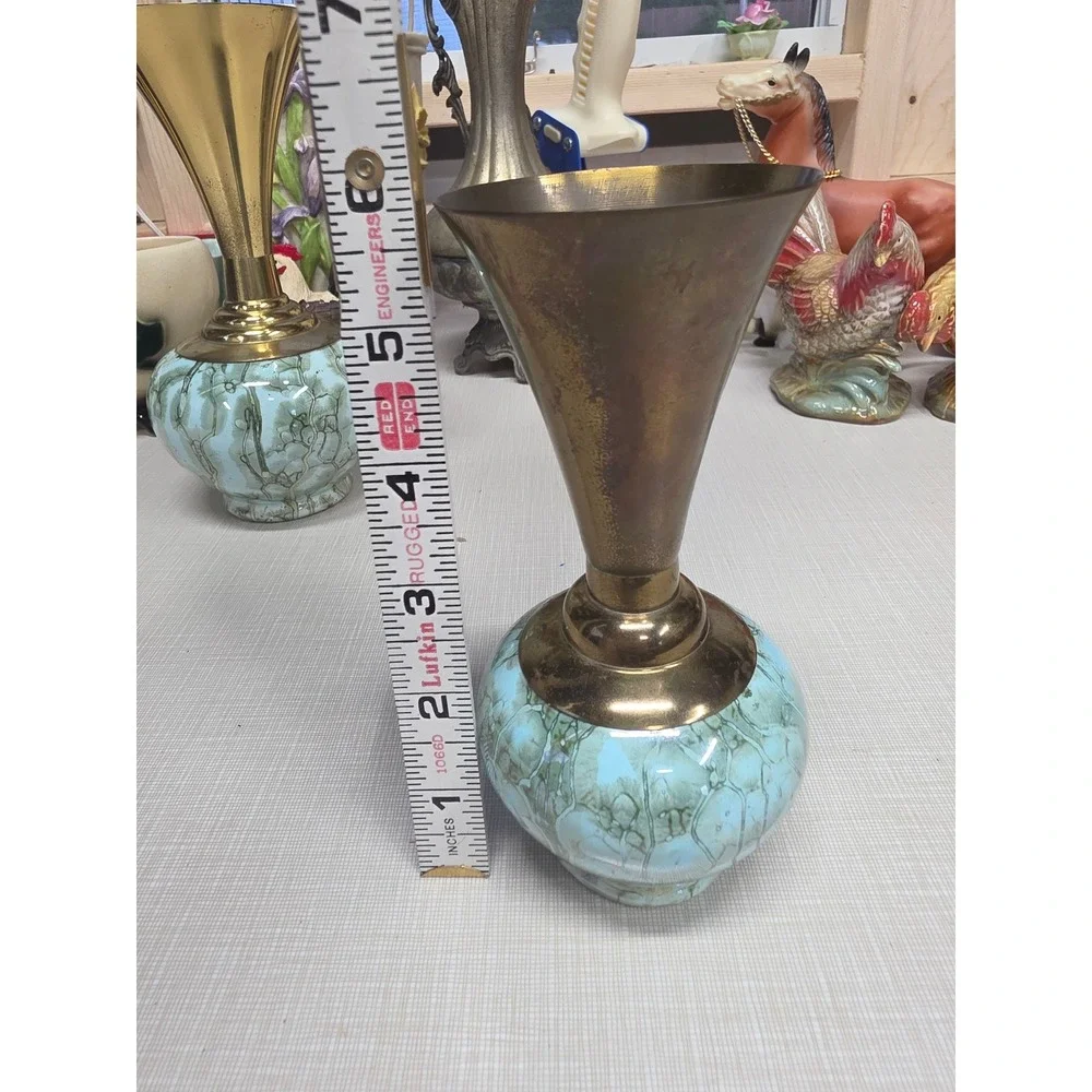 Vintage EB Holland Brass and Marbled Ceramic Bud Vases set of 2 Mid Century